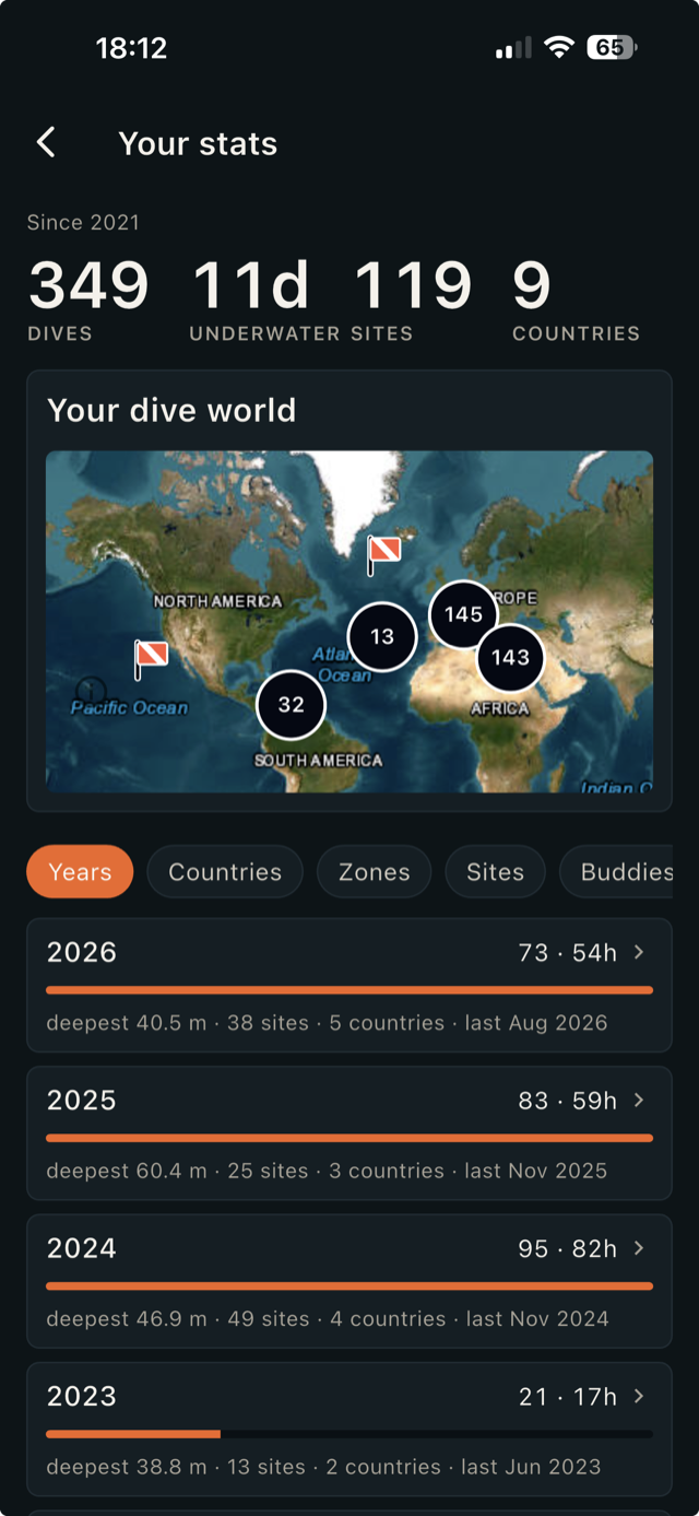 The Scubra logbook screen with recent dives
