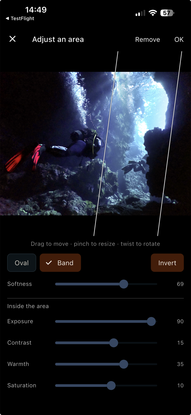 The area tool: a band across a cavern shot, lifting only what falls between its edges