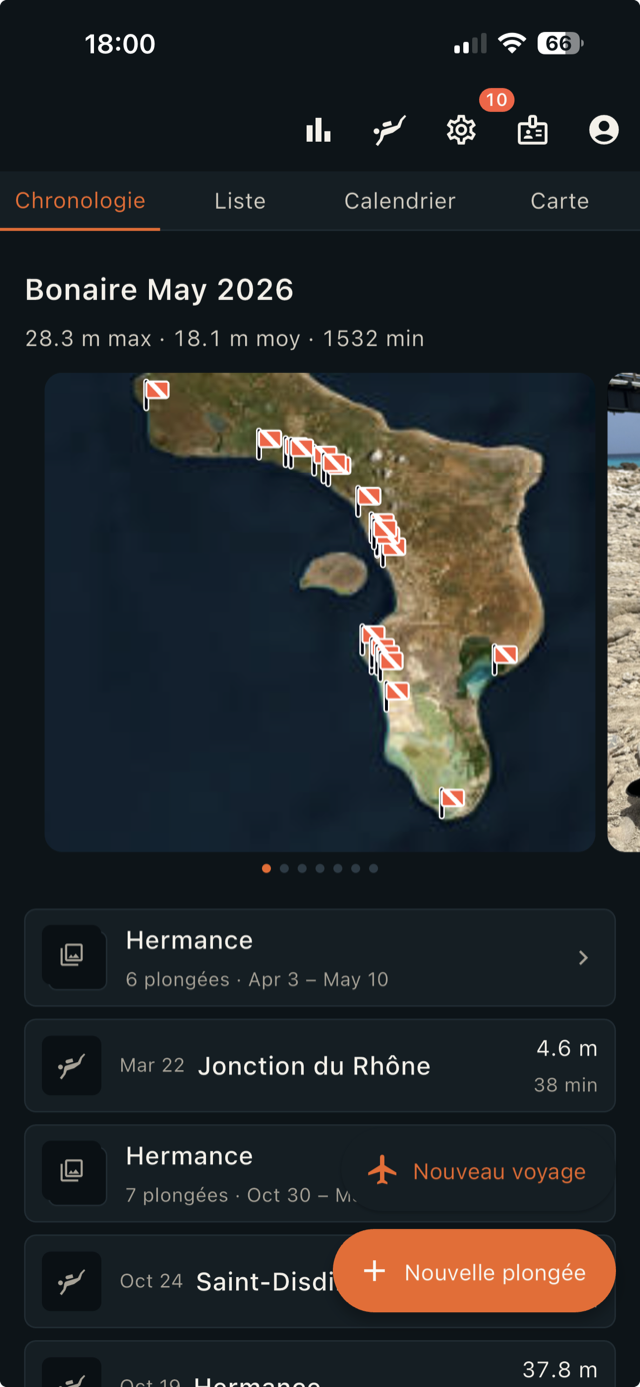 Trip timeline and dive sites on a map