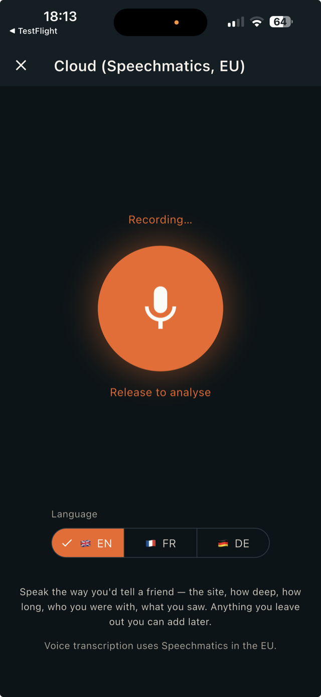 Voice logging screen turning speech into a dive entry